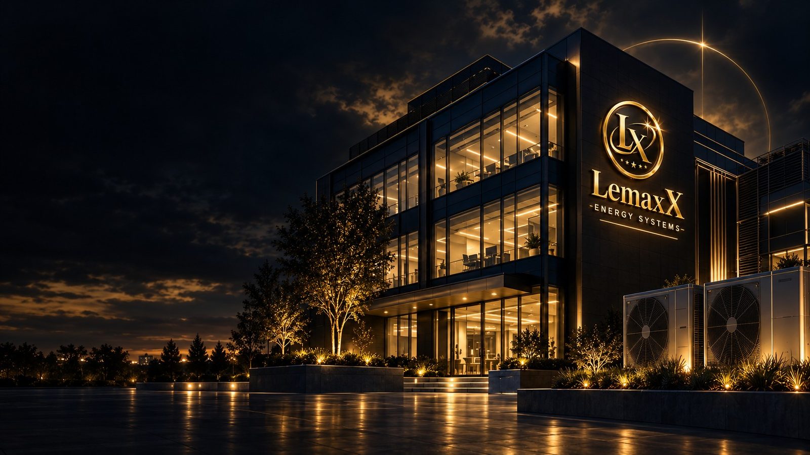 Sediu LemaxX Energy Systems cu emblemă iluminată pe fațadă