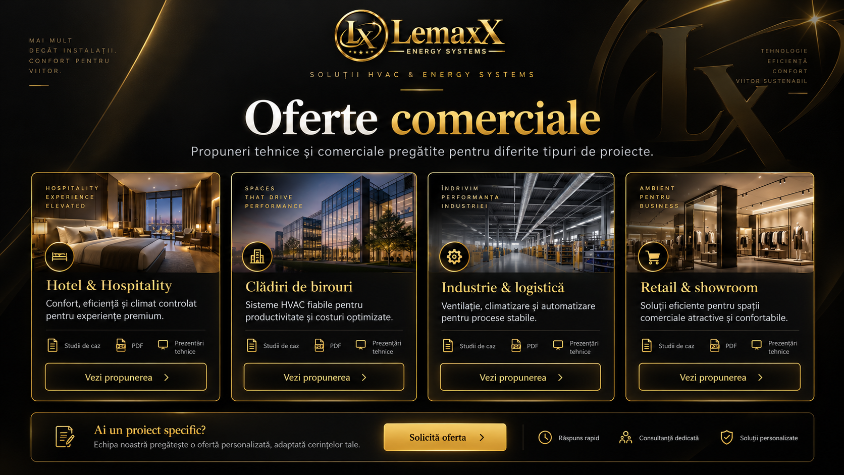 Oferte comerciale LemaxX Energy pentru hoteluri, birouri, industrie, logistică și retail